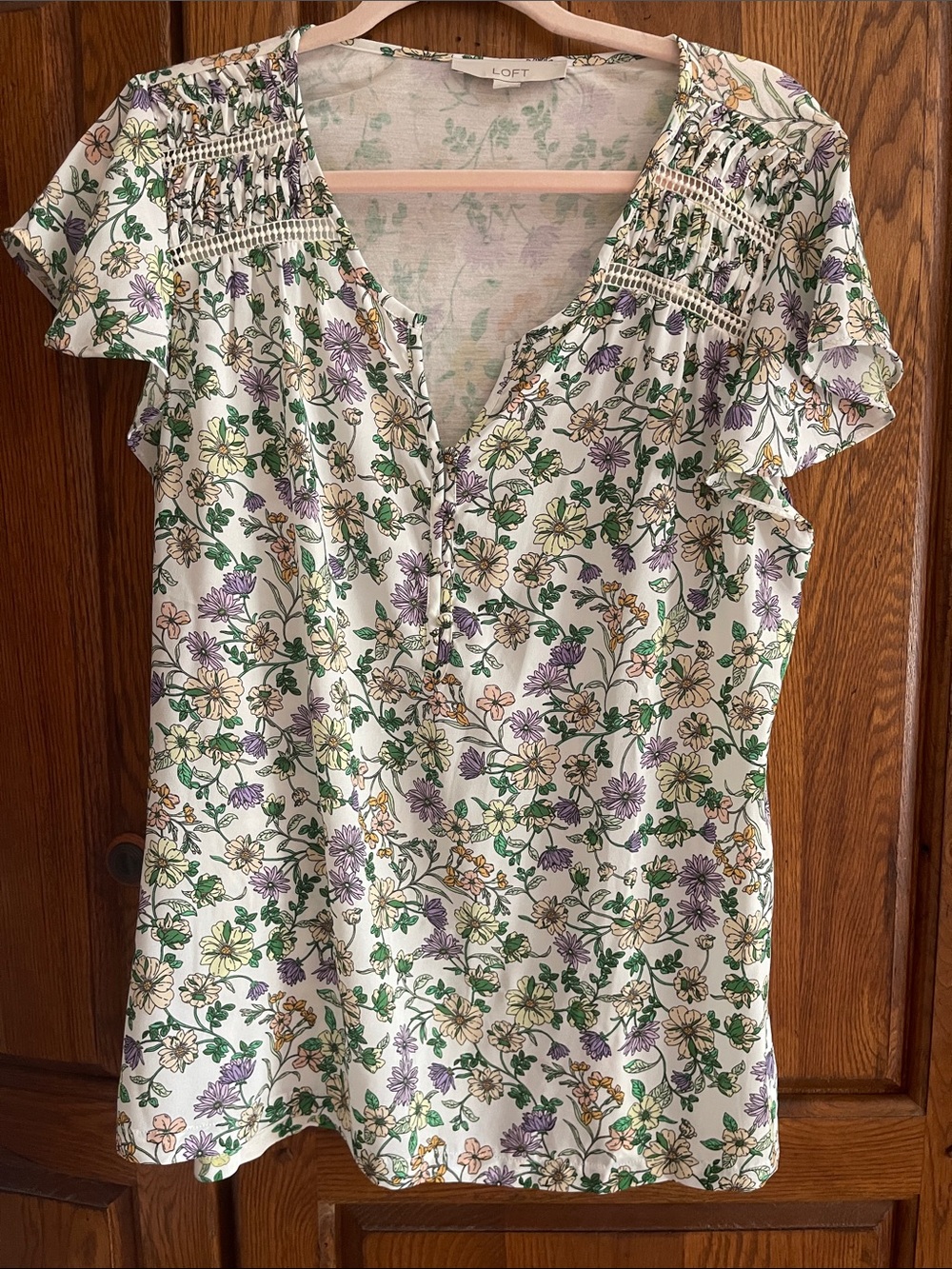 LOFT White Floral V-Neck Short Sleeve Blouse with Green & Purple Print